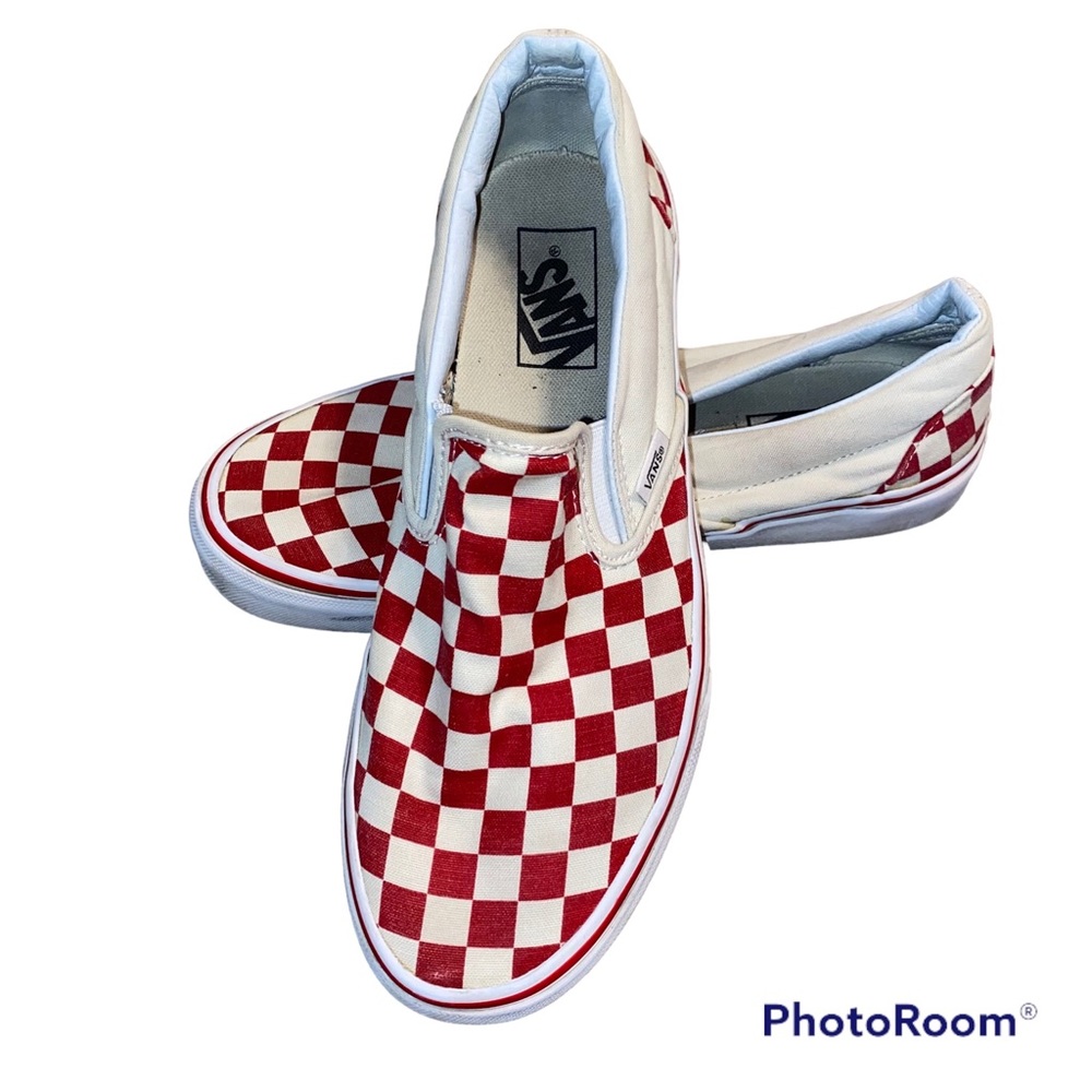 VANS Classic Slip On Red & White Checkerboard Skate Shoes size Mens 7.5 Women 9.